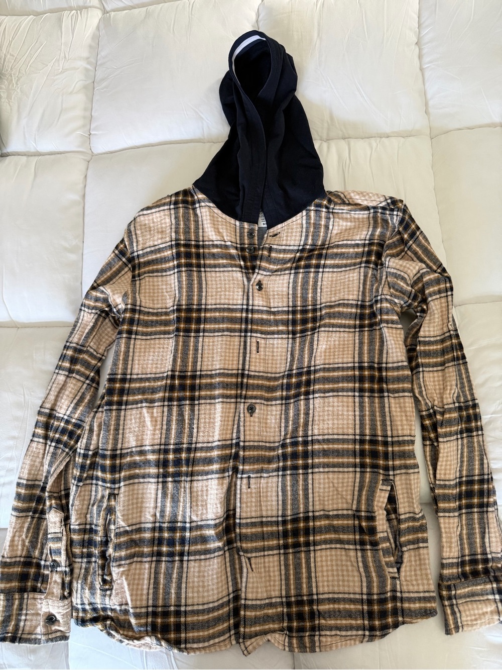 Sovereign Code Beige and Black Plaid Button-Down Shirt with Black Hood